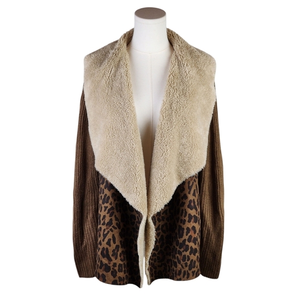 Vintage America Leopard Sherpa Collar Cardigan Small Boho Cozy Open Front - Picture 1 of 8